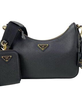Prada Shoulder Bag Re Edition Saffiano Leather Black Detachable Strap